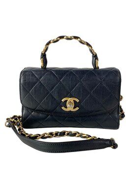 Chanel Shoulder Bag Top Handle Mini Flap Bagmatelasse Black Matte Gold 2-Way